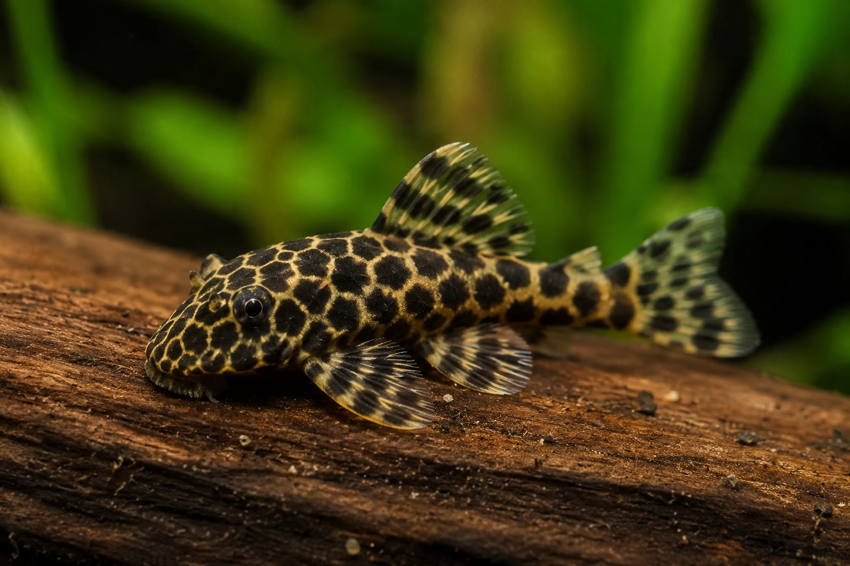 Young Honeycomb Bristlenose Pleco resting on aquarium wood